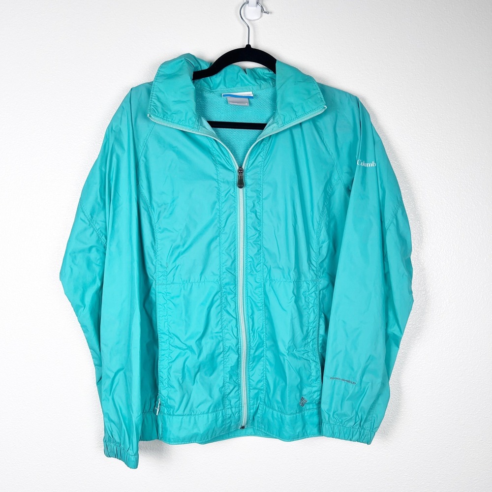 Columbia Women's Hooded Lightweight Rain Jacket Blue Sz S